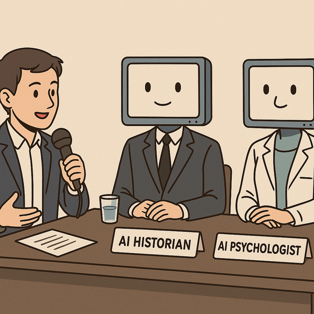 image of two people talking with a laptop translating for them